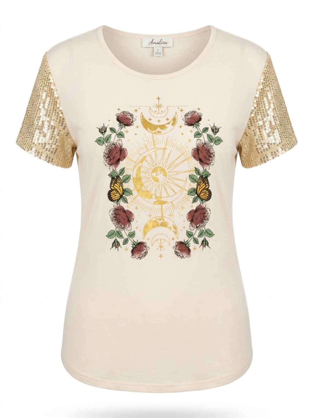 Anneliese Cream Graphic Tee with Gold Sequin Sleeves